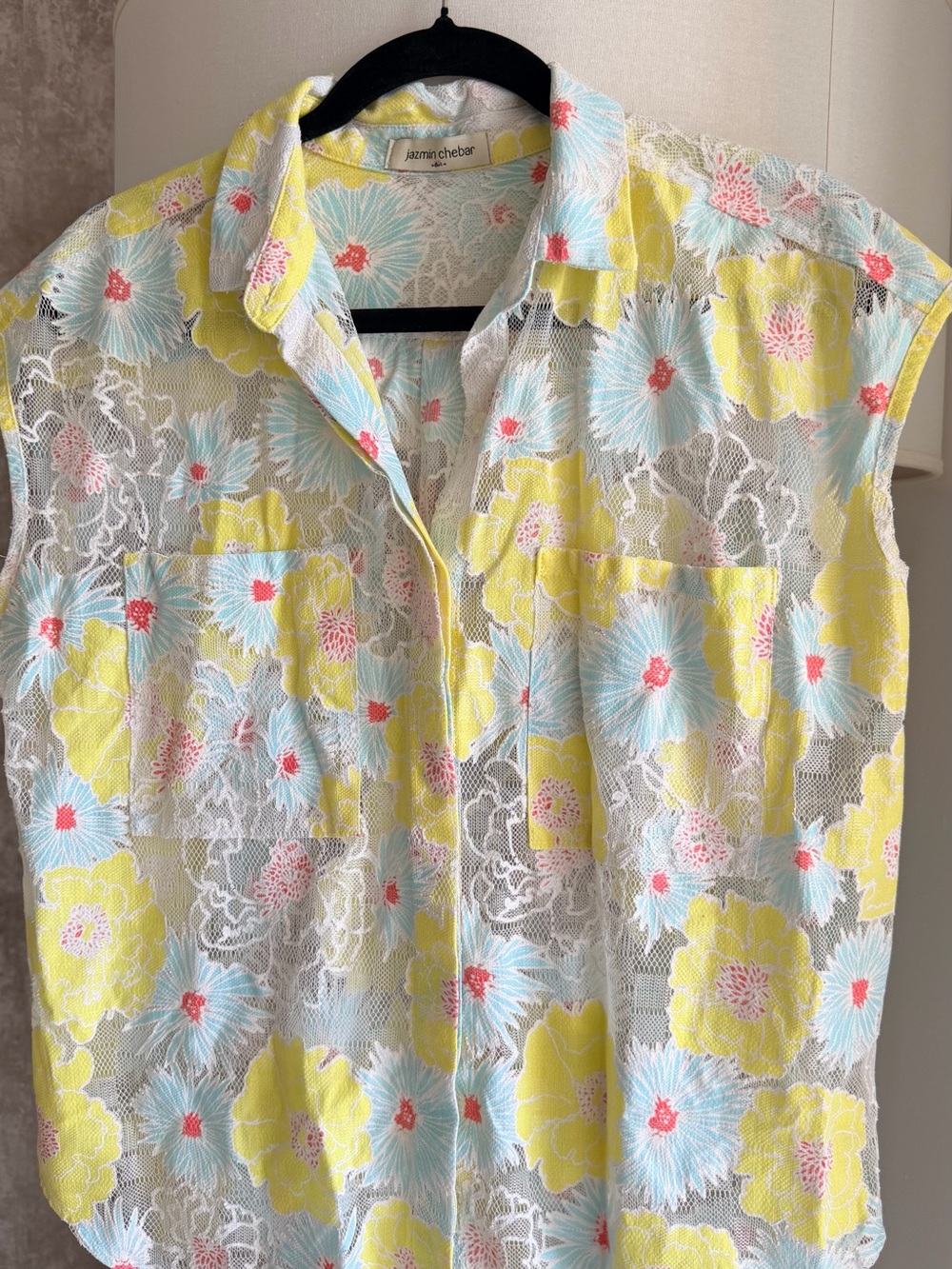 Yellow Floral Lace Button-Up Blouse
